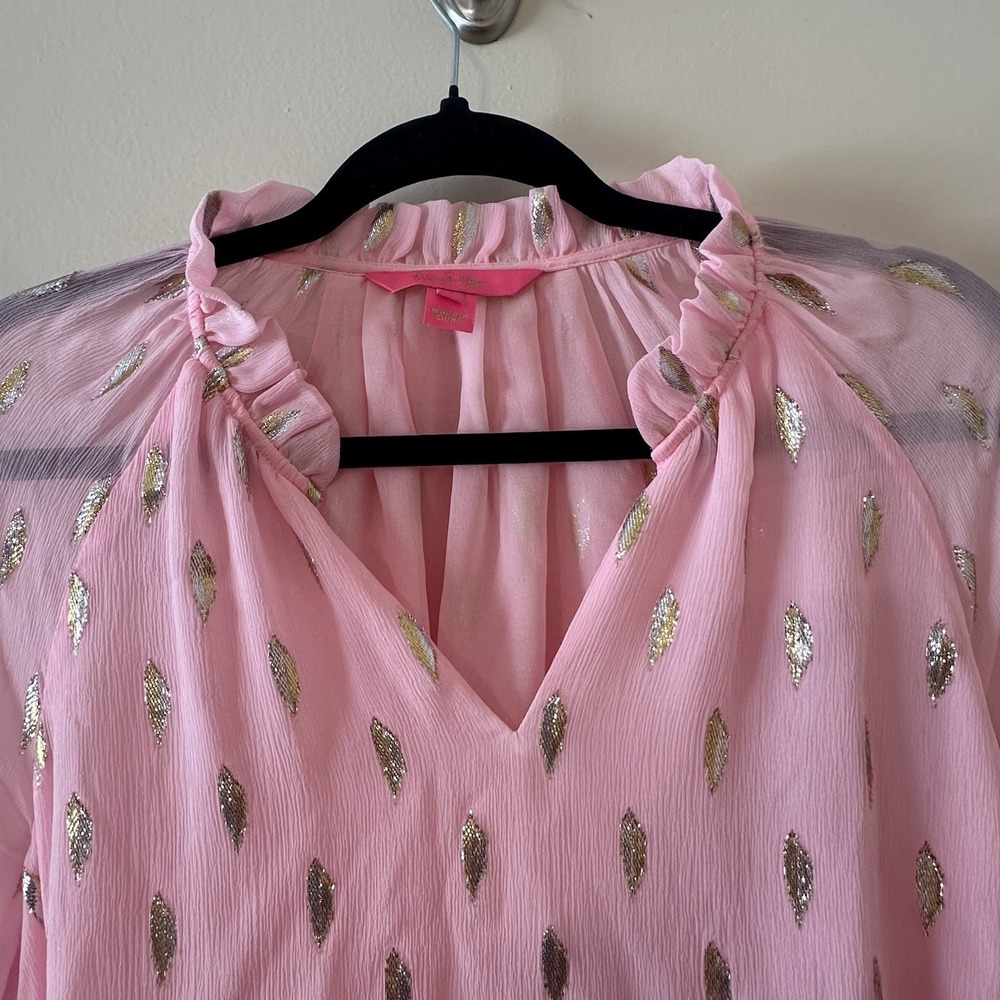 Lilly Pulitzer Tensley‎ Silk Top Pink Metallic Silver Gold Feathers Ruffles Sz S - Picture 5 of 15